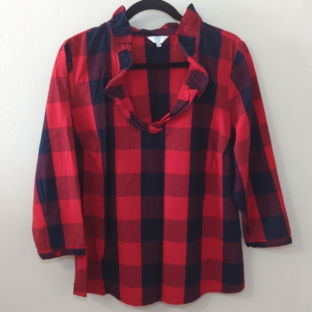 Crown & Ivy Buffalo Plaid Blouse Red Black Cotton Ruffle 3/4 Sleeve Women's 1X